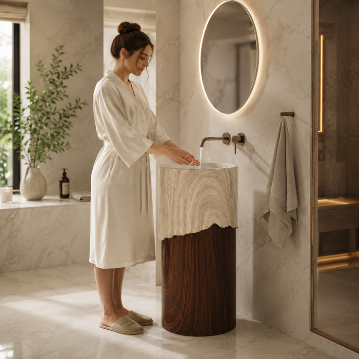 Bassino Artificial Stone Pedestal Basin | Size- 16×16×34 Inch | Brown