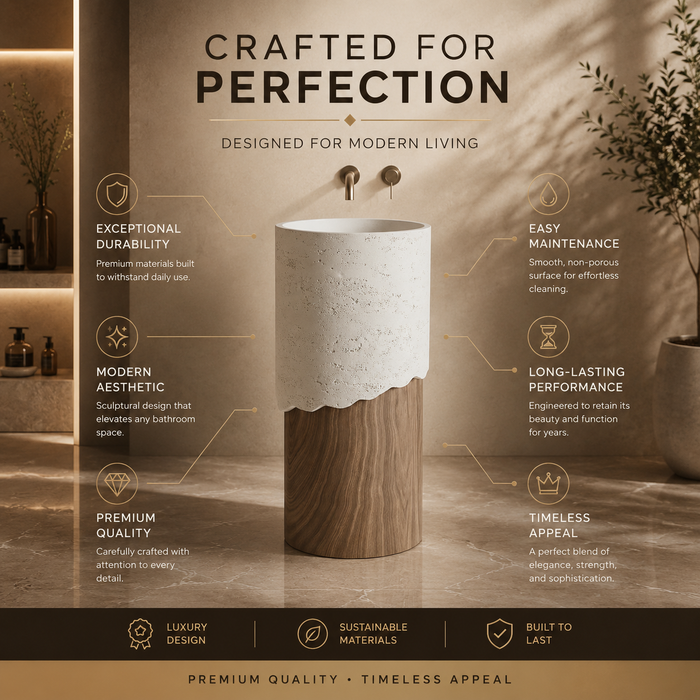 Bassino Artificial Stone Pedestal Basin | Size- 16×16×34 Inch | Wood