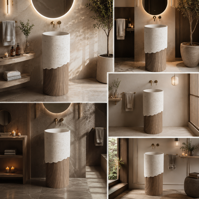 Bassino Artificial Stone Pedestal Basin | Size- 16×16×34 Inch | Wood