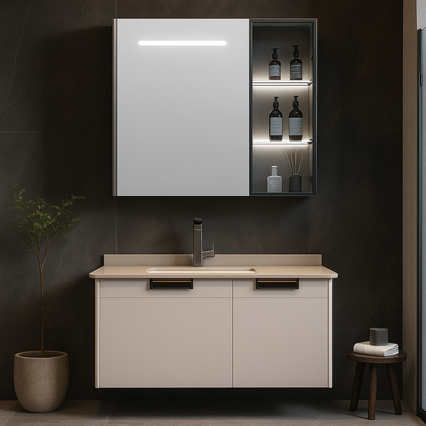 Sensor LED Bathroom Cabinet with Rock Slate Seamless Basin & LED Mirror (Battery Operated) 800mm