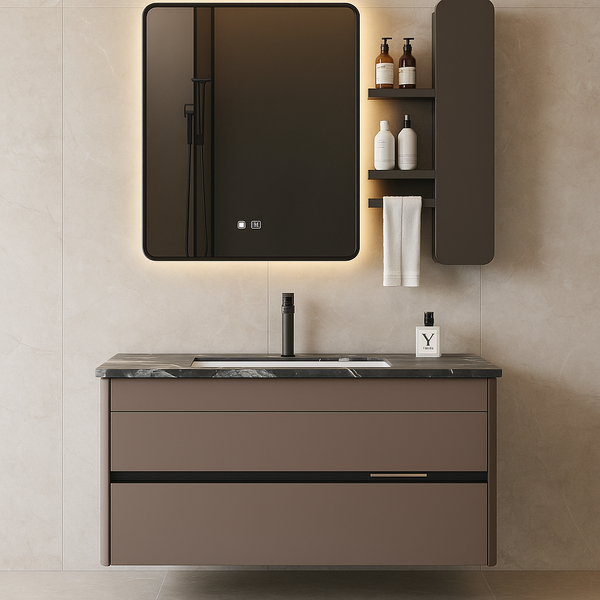 800mm Plywood Bathroom Vanity with Rockslate Basin, Sensor LED Cabinet & LED Mirror with Side Cabinet (Defogger Included)
