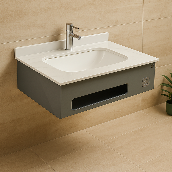 White Metal Shelf with White Rock Stone & GVT Slab Top with Basin (24x18x8 In)