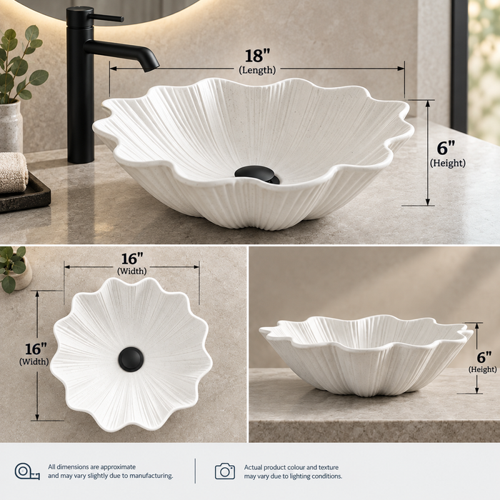 BASSINO Designer Artificial Table Top Basin – 18x16x6" Luxury Shell Shape Countertop Wash Basin