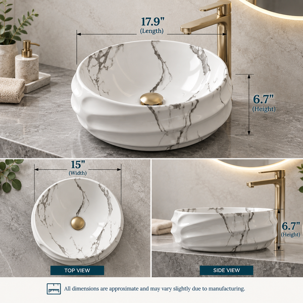 Bassino Round Marble Texture Countertop Wash Basin – Premium Ceramic Vessel Sink (17.9" x 15" x 6.7")