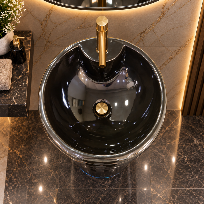 Black & Gold Designer Pedestal Wash Basin – 18 × 18 × 33 Inch | Luxury Floor Standing Basin