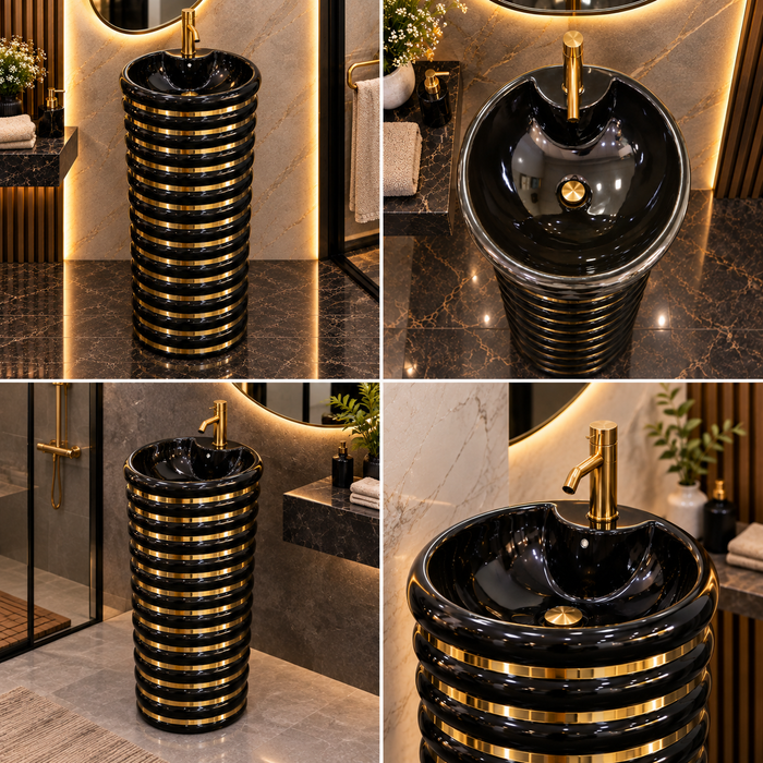 Black & Gold Designer Pedestal Wash Basin – 18 × 18 × 33 Inch | Luxury Floor Standing Basin