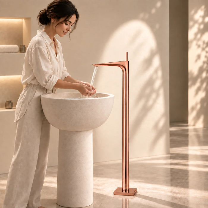 Bassino Luxury Floor-Mounted Bathtub Mixer Tap – Premium Tall Body Freestanding Bath Filler | Elegant Gold Finish | High-Flow Spout | Modern Designer Bathroom Faucet for Bathtubs