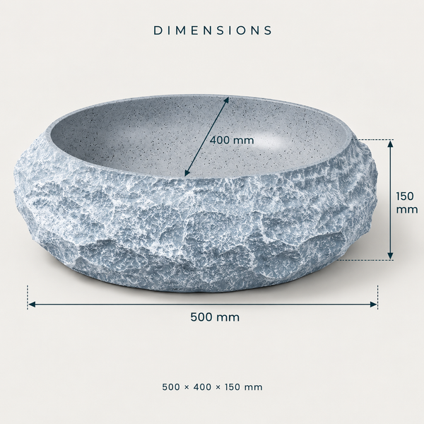 Grey Artificial Stone Table Top Wash Basin – 22 × 16 × 6 Inch | Rock Texture Countertop Basin