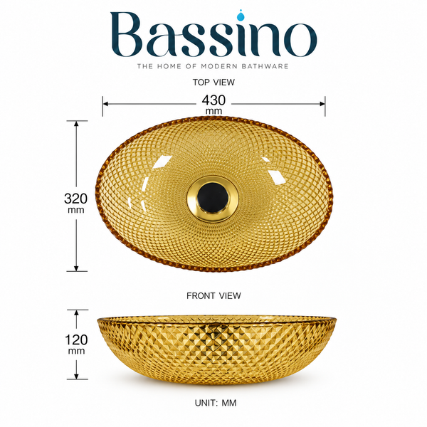 Golden Amber Textured Glass Table Top Wash Basin – 17 × 13 × 5 Inch