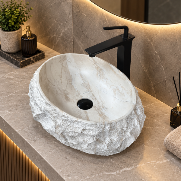 Artificial Stone Table Top Wash Basin 20×16×6 Inch – White Marble Finish with Natural Rock Texture, Matte Oval Countertop Basin for Modern Bathrooms