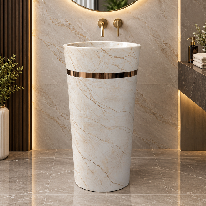 Round Matte Ceramic Freestanding Pedestal Wash Basin – 18× 18× 33 Inch White Marble Pattern with Gold Accent