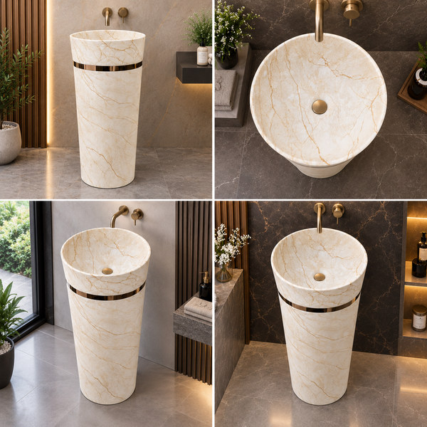 Round Matte Ceramic Freestanding Pedestal Wash Basin – 18× 18× 33 Inch White Marble Pattern with Gold Accent