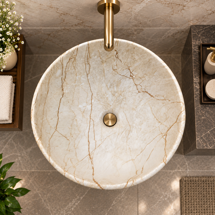 Round Matte Ceramic Freestanding Pedestal Wash Basin – 18× 18× 33 Inch White Marble Pattern with Gold Accent
