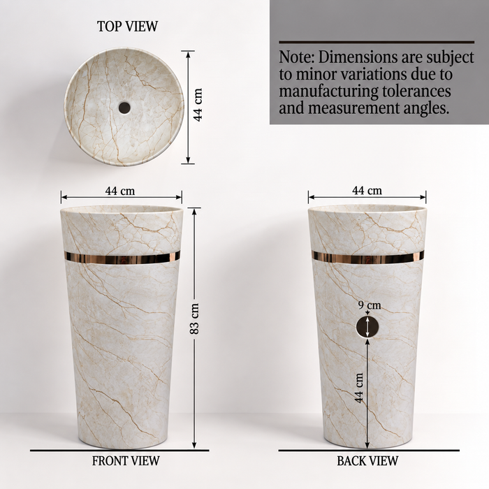 Round Matte Ceramic Freestanding Pedestal Wash Basin – 18× 18× 33 Inch White Marble Pattern with Gold Accent