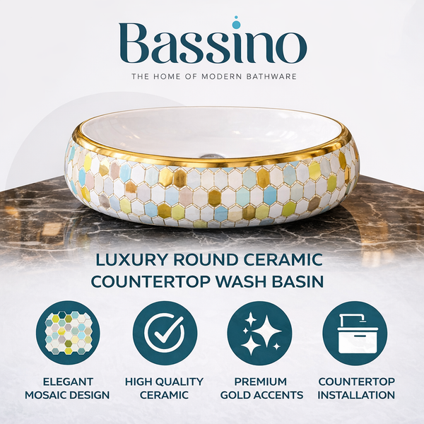 Designer Ceramic Wash Basin (Gold Rim & Mosaic Pattern 24 x 16 x 6 In AB005)