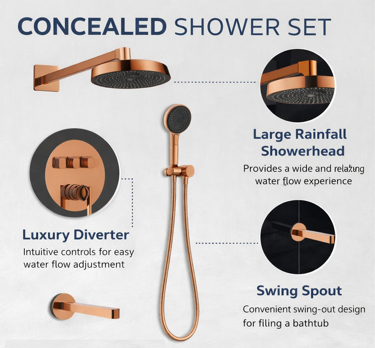 BASSINO PURE Concealed Shower Set – 3 Way Diverter with Overhead, Hand Shower & Spout | Rose Gold
