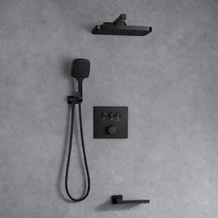 BASSINO PLATO Concealed Shower Set – Thermostatic 3 Way Diverter with Overhead & Hand Shower | 3 Years Warranty Black