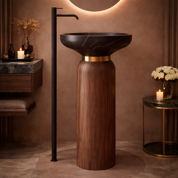 Dual Tone finish Pedestal Wash Basin | Luxury Artificial Stone Freestanding Basin - 17.5″ × 17.5″ × 34″ In Brown