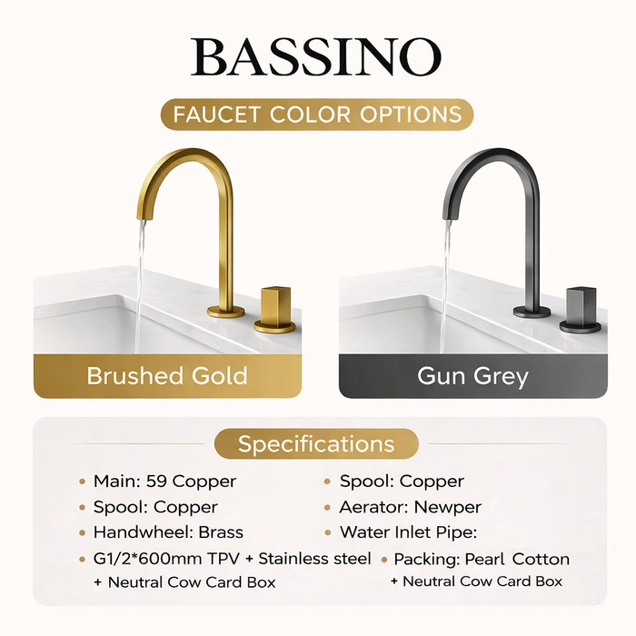 BASSINO Deck Mounted Basin Mixer | Dual Piece Mixer Set | Hot & Cold | Premium Bathroom Faucet - 5 Years Warranty Brushed Gold