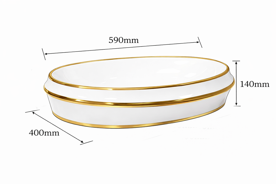Bassino Luxury Round Counter Top Wash Basin with Gold Finish | Designer Table Top Basin | Approx. 23 × 16 × 6 Inches