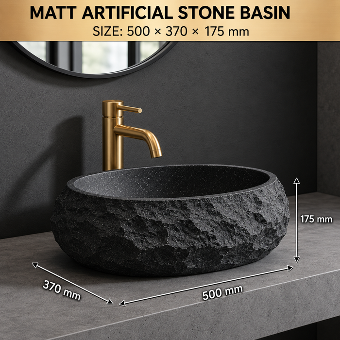Designer Countertop Wash Basin – Matt Artificial Stone Basin | 20×15×6 Inch Black