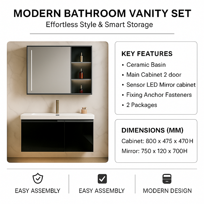Stainless Steel Bathroom Cabinet with Ceramic Basin & LED Mirror (Defogger) 800mm