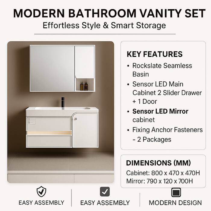 Premium Bathroom Cabinet with Rockslate Basin & Sensor LED Mirror 800mm