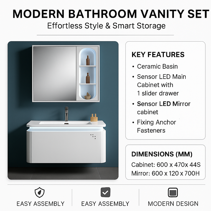 Bathroom Cabinet Set with Ceramic Basin & Sensor LED Mirror Cabinet 600mm