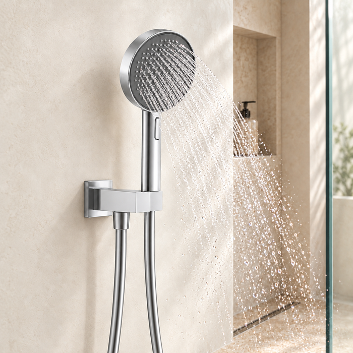 Chrome 4-function ABS hand shower set with 130 mm round shower head, 267.4 mm handheld shower, 1.5 meter flexible hose and matching wall mounted hook for modern luxury bathrooms.