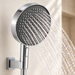 Chrome 4-function ABS hand shower set with 130 mm round shower head, 267.4 mm handheld shower, 1.5 meter flexible hose and matching wall mounted hook for modern luxury bathrooms.