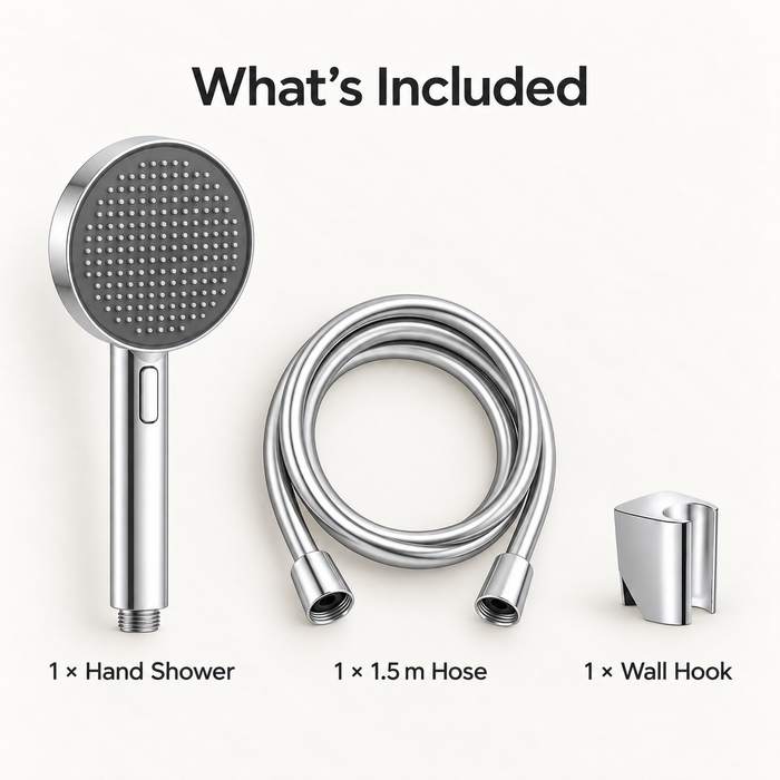 Chrome 4-function ABS hand shower set with 130 mm round shower head, 267.4 mm handheld shower, 1.5 meter flexible hose and matching wall mounted hook for modern luxury bathrooms.