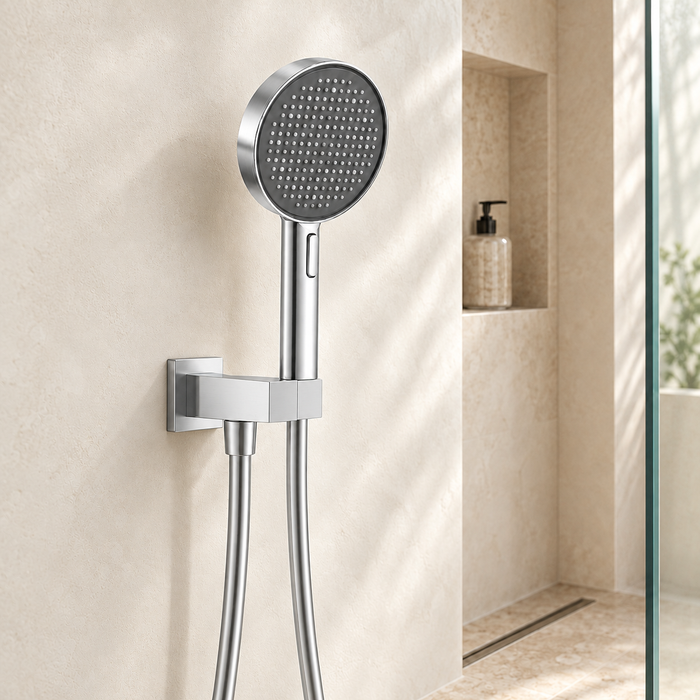 Chrome 4-function ABS hand shower set with 130 mm round shower head, 267.4 mm handheld shower, 1.5 meter flexible hose and matching wall mounted hook for modern luxury bathrooms.