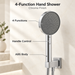 Chrome 4-function ABS hand shower set with 130 mm round shower head, 267.4 mm handheld shower, 1.5 meter flexible hose and matching wall mounted hook for modern luxury bathrooms.