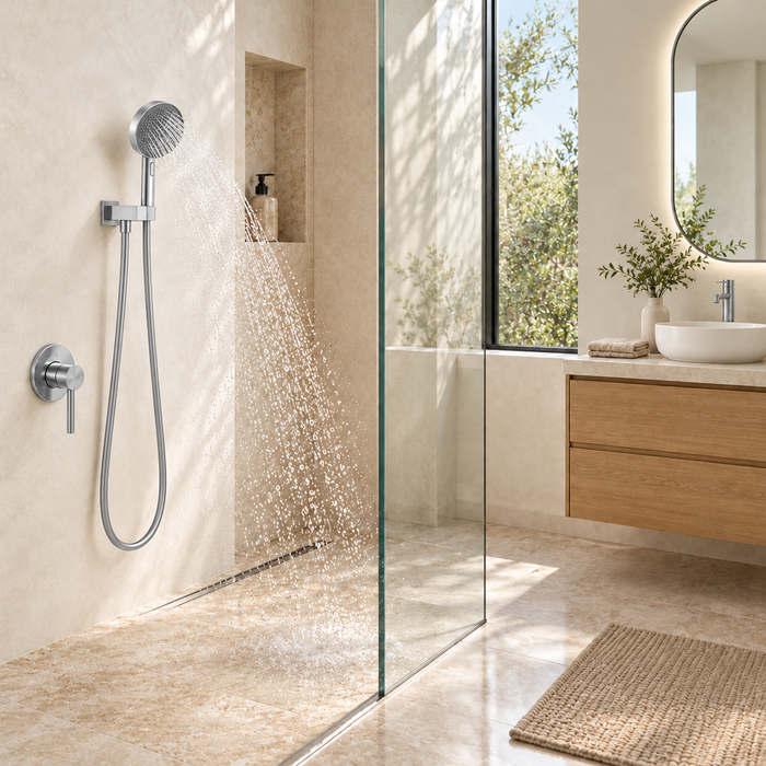 Chrome 4-function ABS hand shower set with 130 mm round shower head, 267.4 mm handheld shower, 1.5 meter flexible hose and matching wall mounted hook for modern luxury bathrooms.