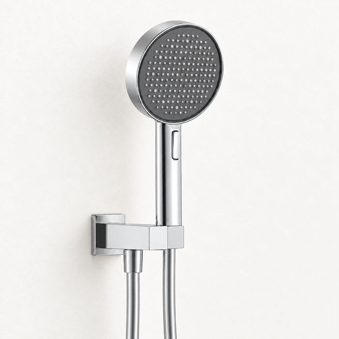 Chrome 4-function ABS hand shower set with 130 mm round shower head, 267.4 mm handheld shower, 1.5 meter flexible hose and matching wall mounted hook for modern luxury bathrooms.