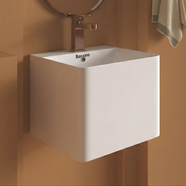 Bassino Cooper Wall Hung Wash Basin – Glossy Finish | Compact Integrated Basin 360×360×302 mm