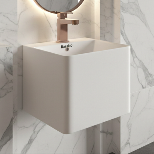 Bassino Cooper Wall Hung Wash Basin – Glossy Finish | Compact Integrated Basin 360×360×302 mm