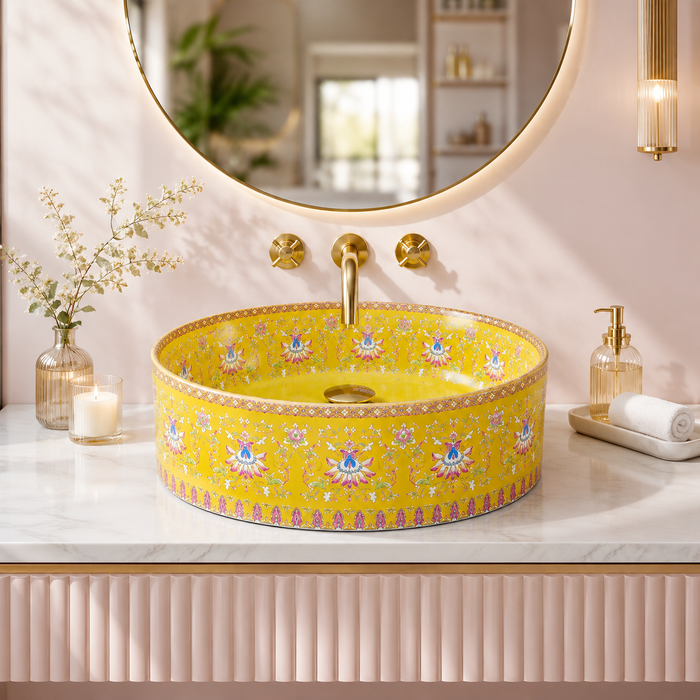 Designer Round Ceramic Wash Basin (Glossy Blue with Moroccan Art Design 16 x 16 x 5 In- AB604) Yellow
