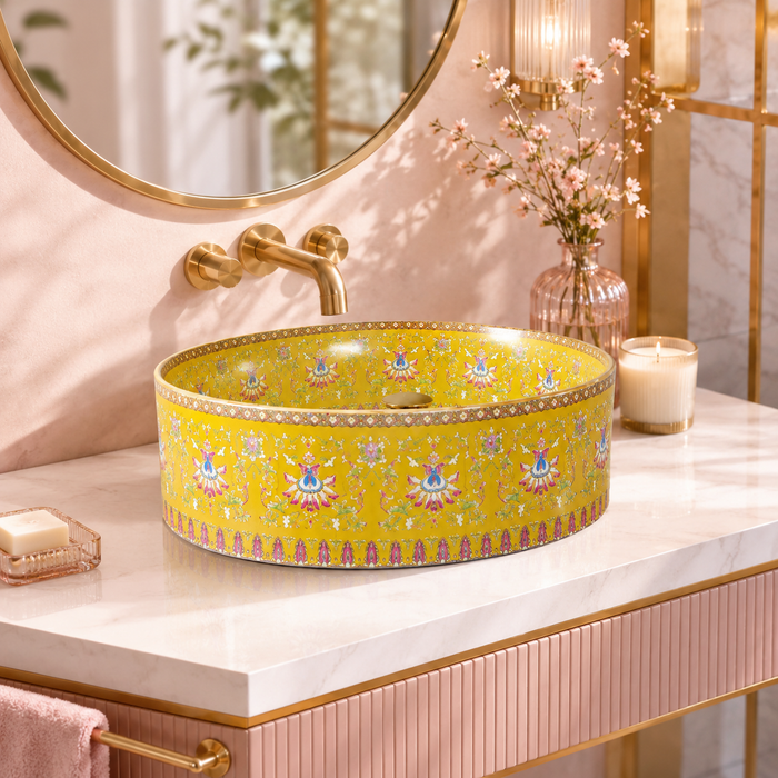 Designer Round Ceramic Wash Basin (Glossy Blue with Moroccan Art Design 16 x 16 x 5 In- AB604) Yellow