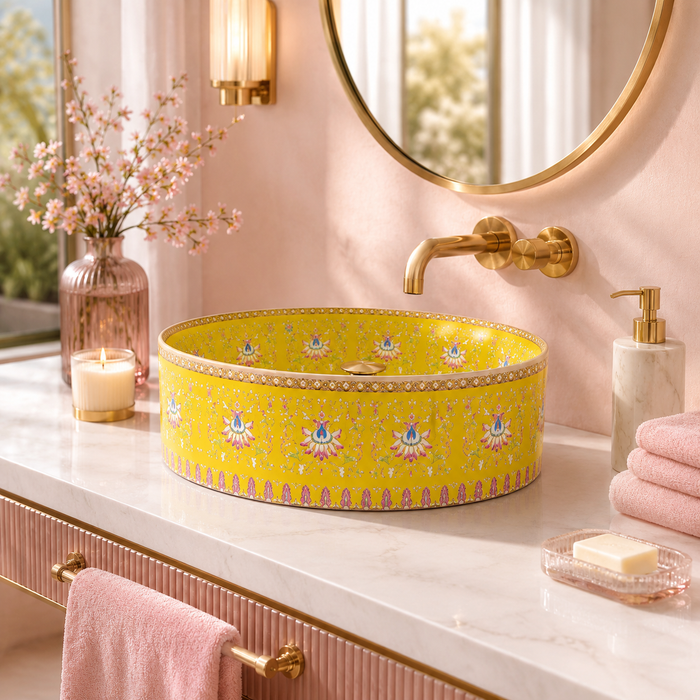 Designer Round Ceramic Wash Basin (Glossy Blue with Moroccan Art Design 16 x 16 x 5 In- AB604) Yellow