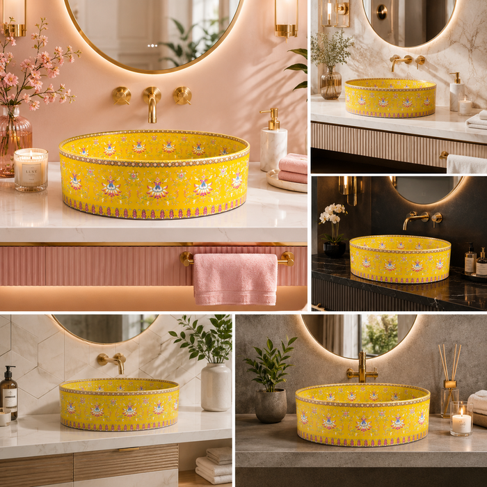 Designer Round Ceramic Wash Basin (Glossy Blue with Moroccan Art Design 16 x 16 x 5 In- AB604) Yellow