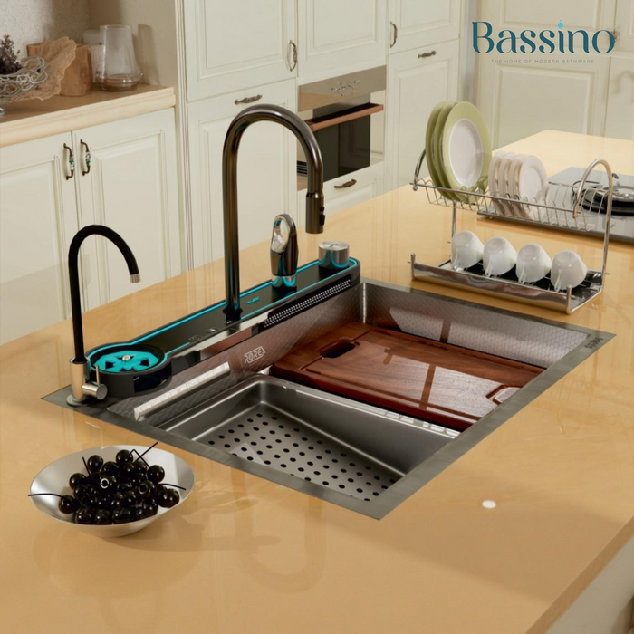 Rorex By Bassino Premium Smart Kitchen Sink – 304 Stainless Steel | Piano Switch Control | PVD Coated |Pull-Out Faucet | Cup Washer | RO Tap | Drainage Knob | 24x18x9 Inches | 25 Years warranty Silver