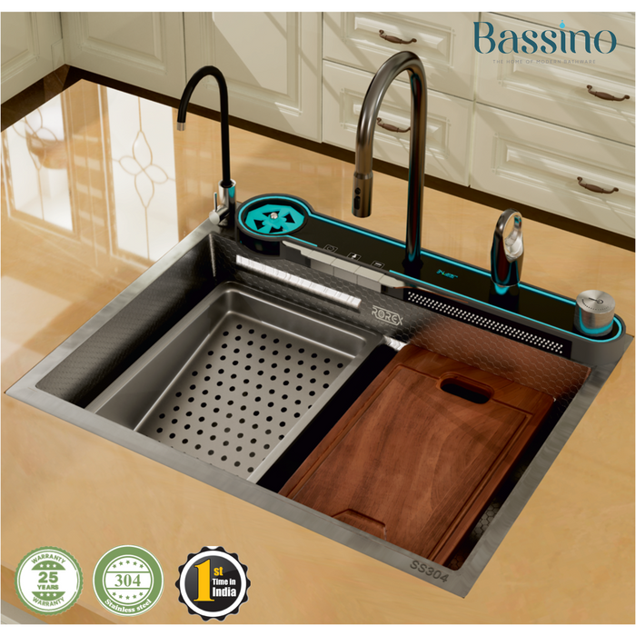 Rorex By Bassino Premium Smart Kitchen Sink – 304 Stainless Steel | Piano Switch Control | PVD Coated |Pull-Out Faucet | Cup Washer | RO Tap | Drainage Knob | 24x18x9 Inches | 25 Years warranty Silver
