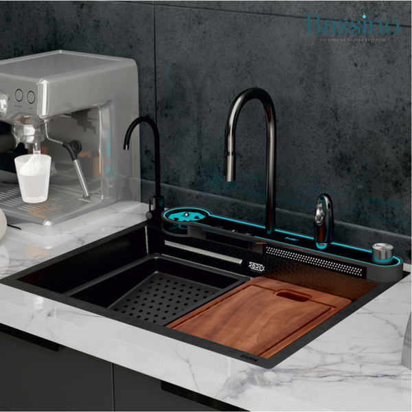 Rorex By Bassino Premium Smart Kitchen Sink – 304 Stainless Steel | Piano Switch Control | PVD Coated |Pull-Out Faucet | Cup Washer | RO Tap | Drainage Knob | 24x18x9 Inches | 25 Years warranty Black