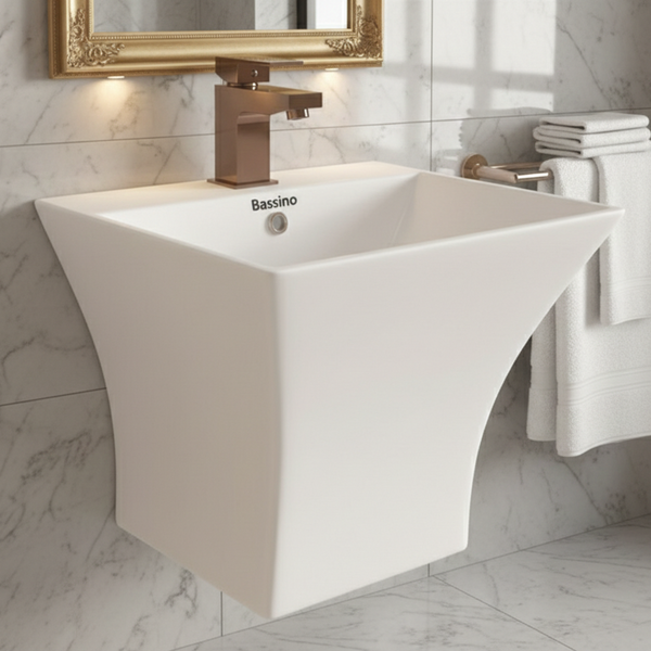 Bassino Cubix Wall Hung Wash Basin – Glossy Finish | Large Integrated Designer Basin 490×430×390 mm