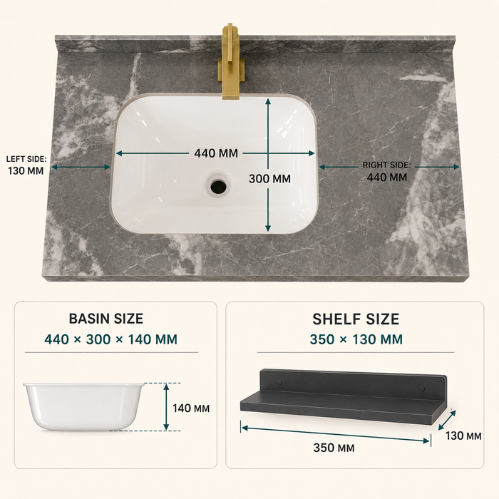 Dark grey wall-mounted bathroom vanity set with marble-finish countertop, white basin, mirror and matching wall-mounted utility shelf.