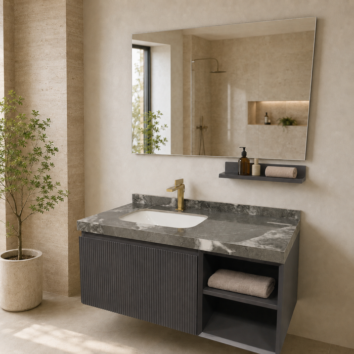 Dark grey wall-mounted bathroom vanity set with marble-finish countertop, white basin, mirror and matching wall-mounted utility shelf.