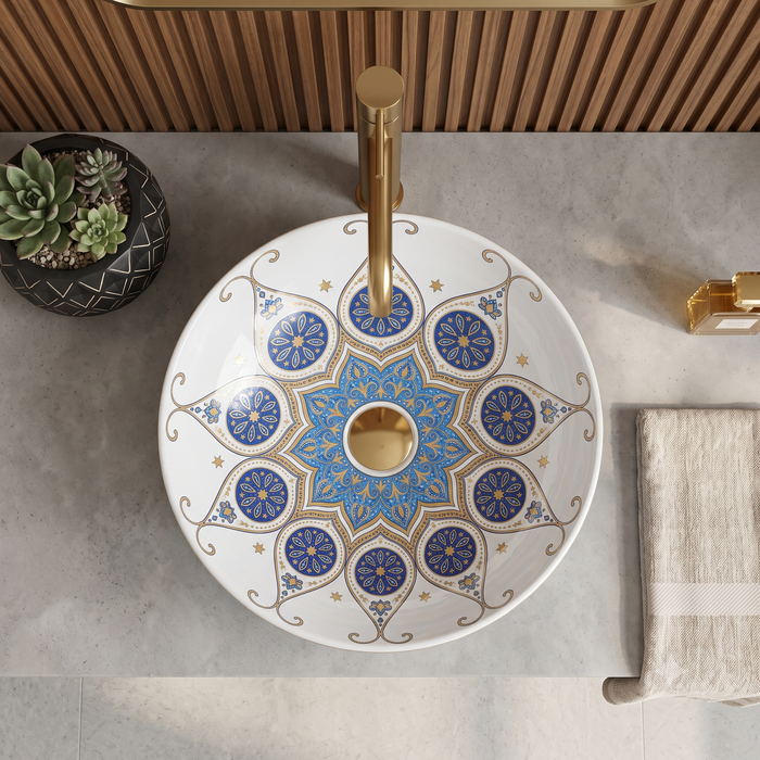 Decorative round table top wash basin 400 × 400 × 125 mm with glossy white finish, intricate blue and gold pattern, designed for luxury modern bathrooms.