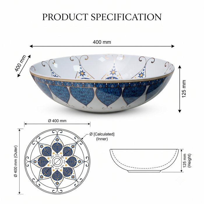 Decorative round table top wash basin 400 × 400 × 125 mm with glossy white finish, intricate blue and gold pattern, designed for luxury modern bathrooms.