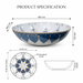 Decorative round table top wash basin 400 × 400 × 125 mm with glossy white finish, intricate blue and gold pattern, designed for luxury modern bathrooms.
